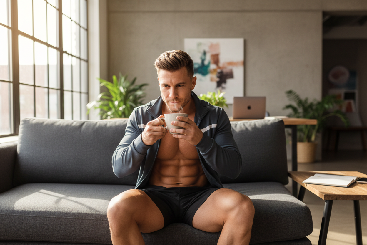 zeige einen attraktiven sportlichen mann der kaffee trinkt 